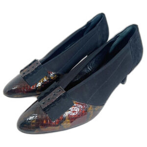 Prevata Italy Women's Snakeskin Pumps Black Suede Heels Bow Detail Size 8.5